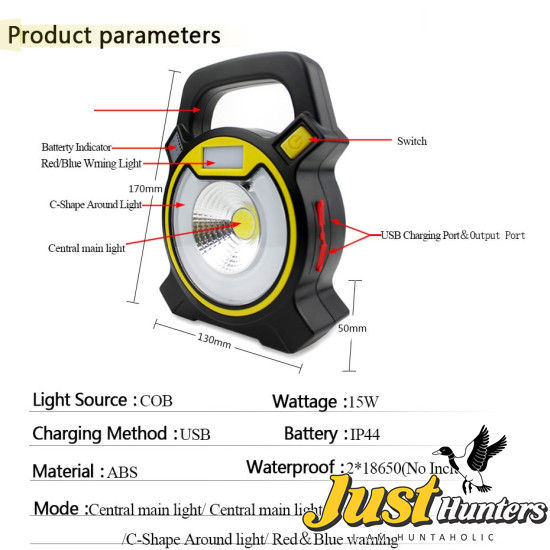 COB LED Portable Spotlight 15W Searchlight for Camping