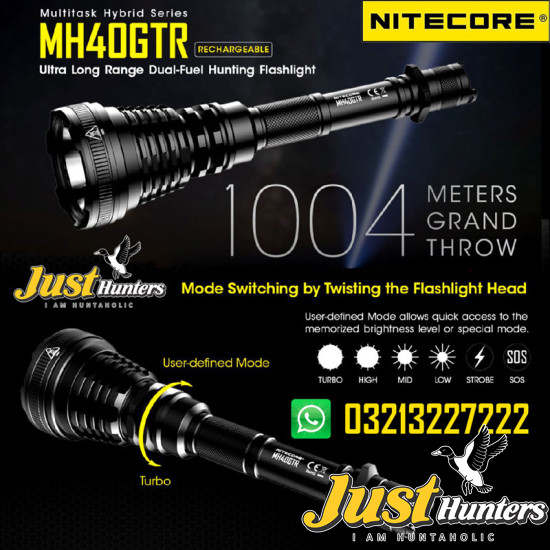 NITECORE MH40GTR Rechargeable Flashlight with 2X 18650 Batteries 1200 Lumen Ultra Long Range 1004M Hunting Search Torch Tactical