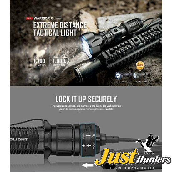Olight Warrior X Turbo KIT 1100 Lumen 1000 Meter Throw Tail Switch 21700 Battery Magnetic Rechargeable Tactical Flashlight (Black)
