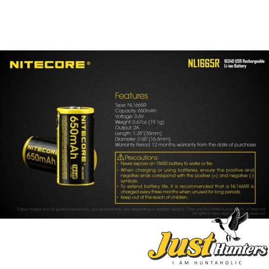 NITECORE NL1665R 650MAH USB RECHARGEABLE CR123A 16340 BATTERY