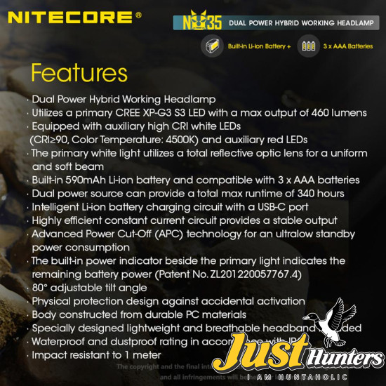 NITECORE NU35 Headlight 460 Lumens Built-in Battery