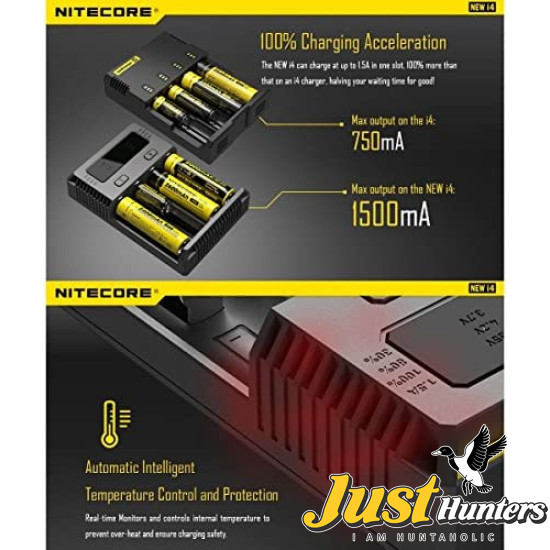 NITECORE NEW i4 Intelligent Charger for Li-ion Ni-MH AA AAA 18650 16340 26650 Batteries with Travel Bag and Battery Organizer