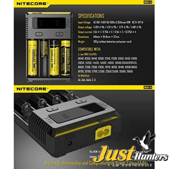 NITECORE NEW i4 Intelligent Charger for Li-ion Ni-MH AA AAA 18650 16340 26650 Batteries with Travel Bag and Battery Organizer