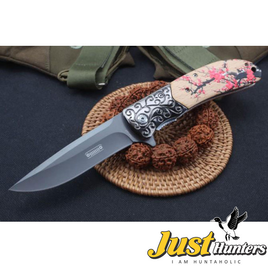 JEEP TACTICAL POCKET KNIFE SPRING ASSISTED OPENING WOOD FLOWER ETCHING