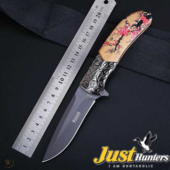 JEEP TACTICAL POCKET KNIFE SPRING ASSISTED OPENING WOOD FLOWER ETCHING