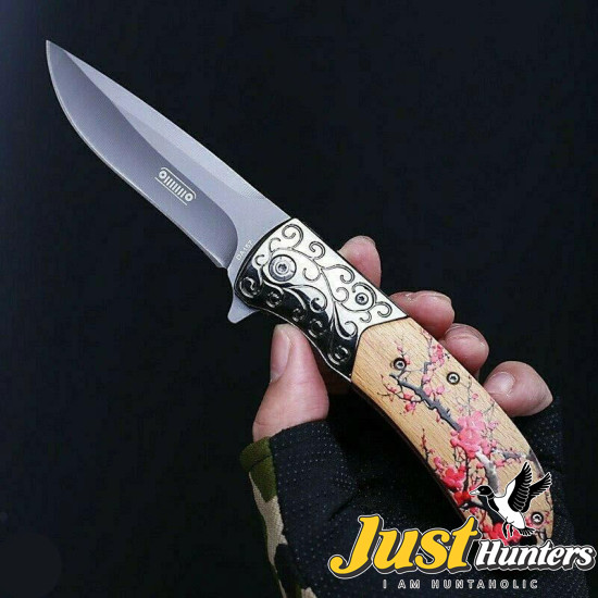 JEEP TACTICAL POCKET KNIFE SPRING ASSISTED OPENING WOOD FLOWER ETCHING