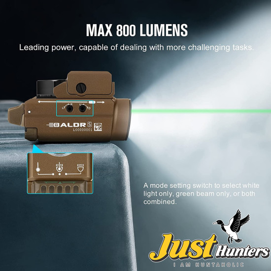OLIGHT Baldr S 800 Lumens Compact Rail Mount Weaponlight with Green Beam and White LED Combo OLIGHT Baldr S 800 Lumens Compact Rail Mount Weaponlight with Green Beam and White LED Combo