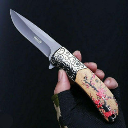 JEEP TACTICAL POCKET KNIFE SPRING ASSISTED OPENING WOOD FLOWER ETCHING