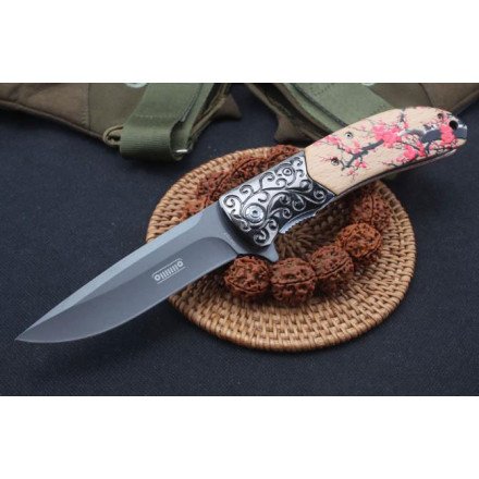 JEEP TACTICAL POCKET KNIFE SPRING ASSISTED OPENING WOOD FLOWER ETCHING