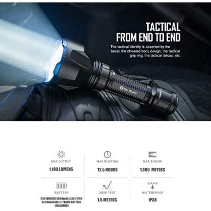Olight Warrior X Turbo KIT 1100 Lumen 1000 Meter Throw Tail Switch 21700 Battery Magnetic Rechargeable Tactical Flashlight (Black)
