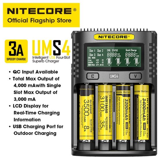 Nitecore UMS4 USB Four-Slot USB Fast Charger, for 18650, 21700 Batteries Nitecore UMS4 USB Four-Slot USB Fast Charger, for 18650, 21700 Batteries