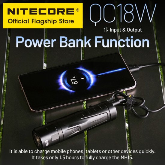NITECORE MH15 USB-C Rechargeable Flashlight LED 18W QC Fast Charge EDC Torch Light As Power Bank, Built in 21700 Li-ion Battery NITECORE MH15 USB-C Rechargeable Flashlight LED 18W QC Fast Charge EDC Torch Light As Power Bank, Built in 21700 Li-ion Battery