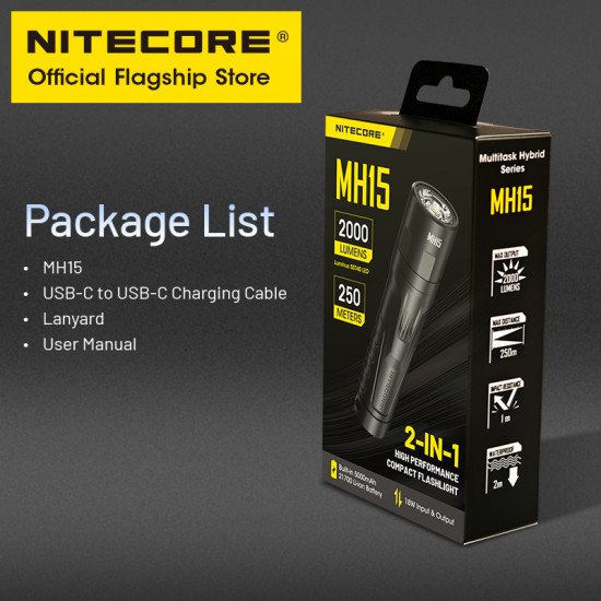 NITECORE MH15 USB-C Rechargeable Flashlight LED 18W QC Fast Charge EDC Torch Light As Power Bank, Built in 21700 Li-ion Battery NITECORE MH15 USB-C Rechargeable Flashlight LED 18W QC Fast Charge EDC Torch Light As Power Bank, Built in 21700 Li-ion Battery