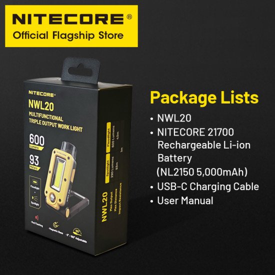 NITECORE NWL20 USB-C Rechargeable Work Light 180° Adjustable Multifunctional NITECORE NWL20 USB-C Rechargeable Work Light 180° Adjustable Multifunctional