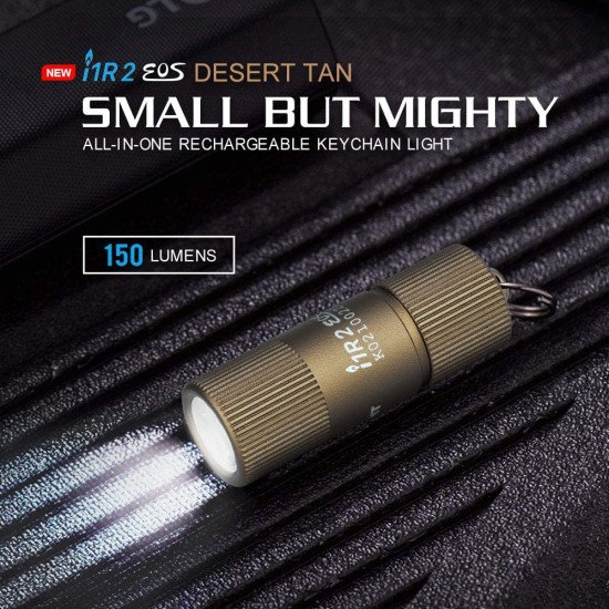 OLIGHT i1R 2 EOS 150 Lumens Tiny Rechargeable Keychain Flashlight EDC Desert Tan