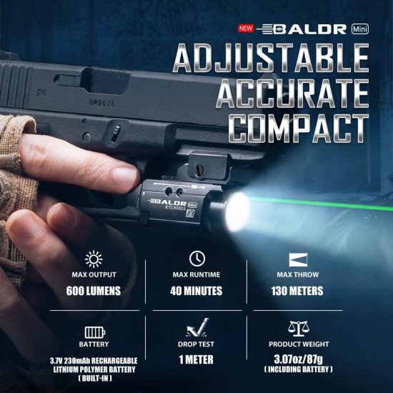 Olight Baldr Mini Tactical Flashlight with Green Laser Black and Tan Color Olight Baldr Mini Tactical Flashlight with Green Laser Black and Tan Color
