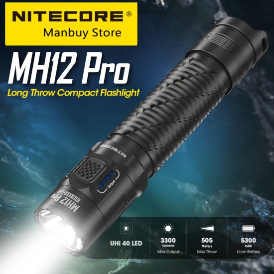 NITECORE MH12 Pro 3300 Lumens Rechargeable Compact Flashlight 505 Meter Tactical Torch UHi40 LED Beam 5300mAh 21700 Battery
