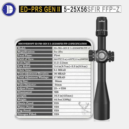 Discovery Optics ED-PRS GENⅡ 5-25X56 SFIR  FFP MRAD ZERO-STOP 34MM Professional Scope