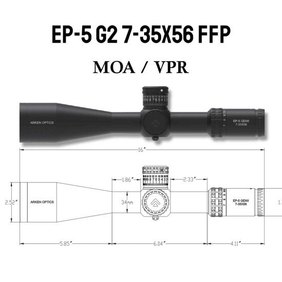 Arken Optics EP5 GEN2 7-35X56 RifleScope FFP VPR MOA Illuminated Reticle with Zero Stop 34mm Tube Arken Optics EP5 GEN2 7-35X56 RifleScope FFP VPR MOA Illuminated Reticle with Zero Stop 34mm Tube