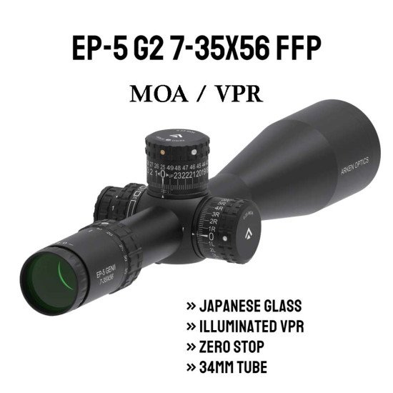 Arken Optics EP5 GEN2 7-35X56 RifleScope FFP VPR MOA Illuminated Reticle with Zero Stop 34mm Tube Arken Optics EP5 GEN2 7-35X56 RifleScope FFP VPR MOA Illuminated Reticle with Zero Stop 34mm Tube