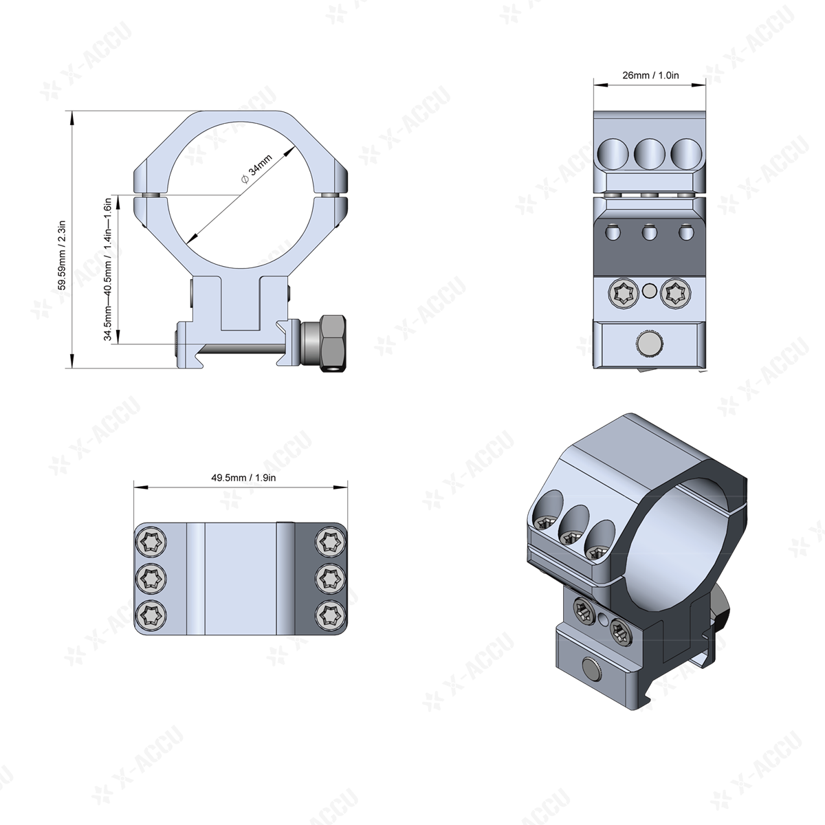 AnneauxPicatinnyetqueued39arondelvationrglableX-ACCU34mm40MOAaccessoiresrobustespourobjectifde60mm6v-1005003660765960