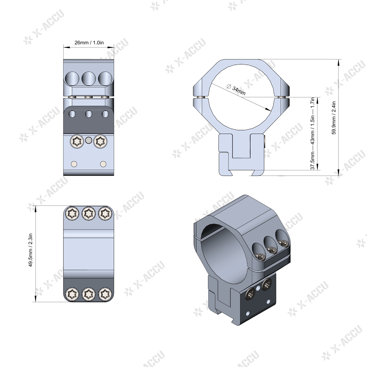 AnneauxPicatinnyetqueued39arondelvationrglableX-ACCU34mm40MOAaccessoiresrobustespourobjectifde60mm6v-1005003660765960