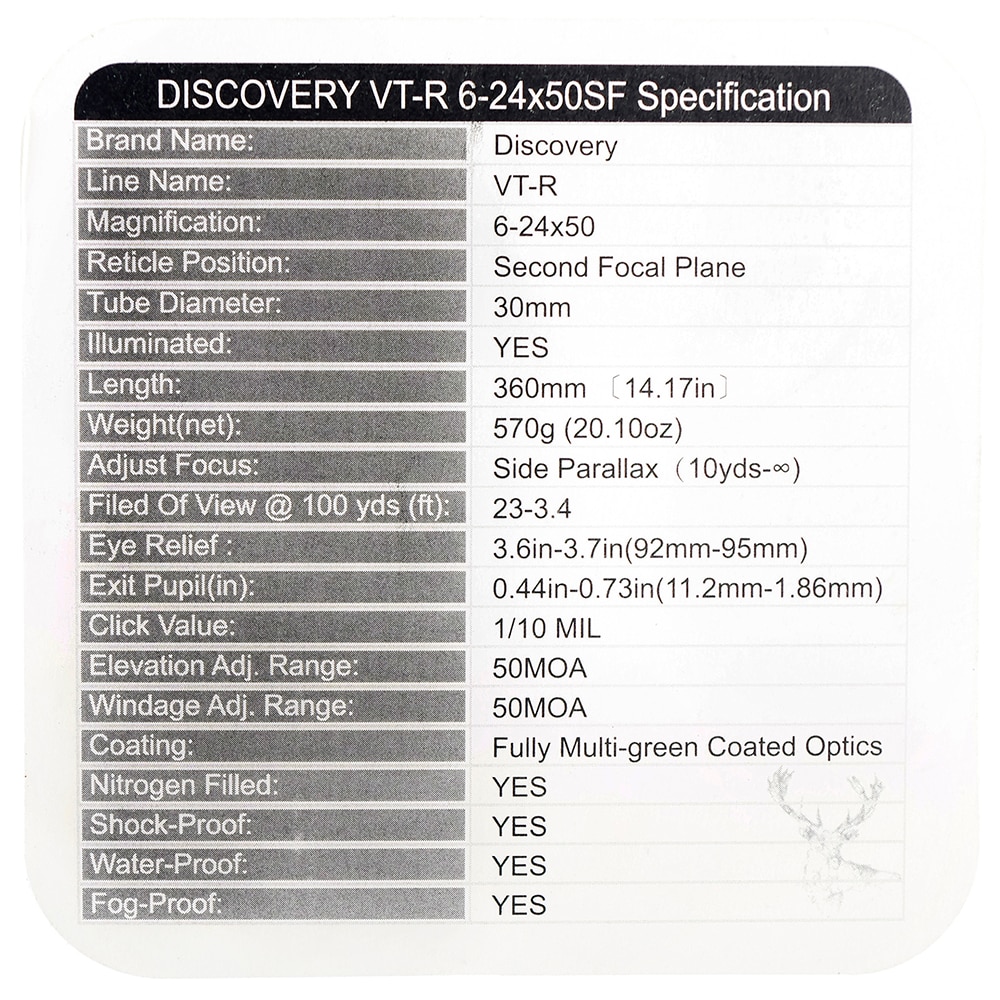 DiscoveryOpticsVT-R6-24X50SF30mmTubeDiameterTacticalRifleScopeMIL-DOTReticleLongRangeTacticalTargetS-32986012223