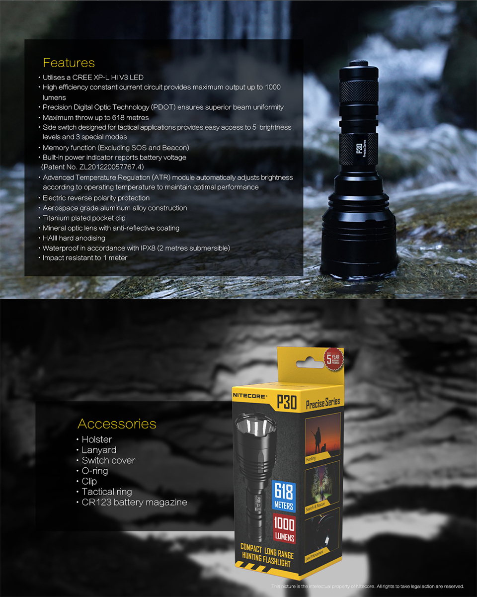 NITECOREP30FlashlightCREEXP-LHIV3LEDmax1000LM8WorkingModesbeamdistane618meterLEDtorchoutdoorrescueli-4000393551055