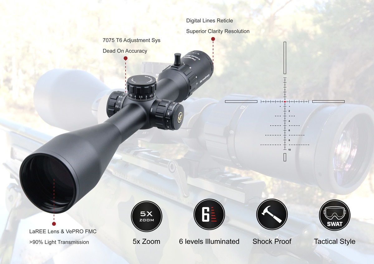 VectorOpticsGen2Paragon5-25x56TacticalRiflescopeHuntingRifleScope110MILSch0ttGlass90Light2KMLongRang-4000596917935