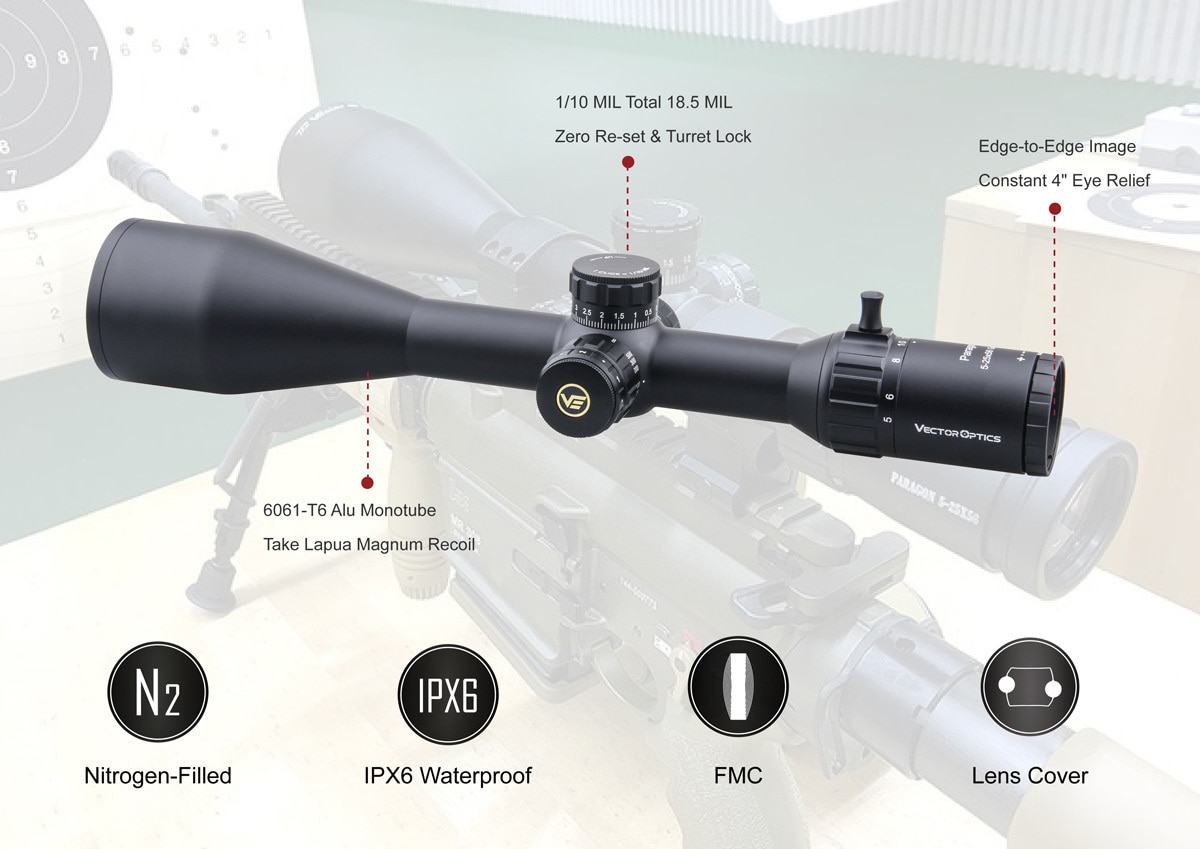 VectorOpticsGen2Paragon5-25x56TacticalRiflescopeHuntingRifleScope110MILSch0ttGlass90Light2KMLongRang-4000596917935